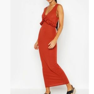rib ruffle v neck maxi dress Xs US4